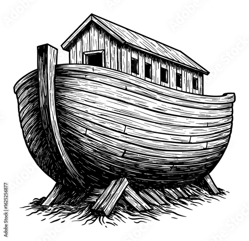 Empty Noahs Ark Wooden Vessel in Traditional Vintage Style Black and White Outline Line Art Drawing
