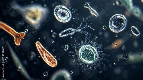 Microscopic view of paramecium and amoeba actively swimming in a drop of pond water. Dark-field microscopy lighting makes the microorganisms glow vividly against a deep black background.
