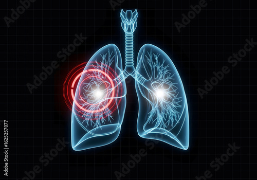 A blue holographic human lungs with a red pulsating target, symbolizing lung disease, medical diagnosis, illness detection, and futuristic healthcare technology