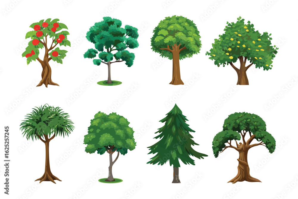 Fototapeta premium Botanical Variety: An illustration showcasing a variety of tree species in full bloom and standing tall, offering a glimpse into botanical diversity.