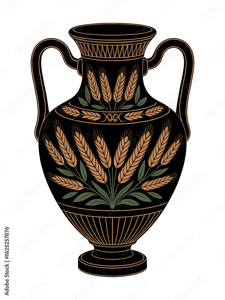 Ancient Greek Amphora with Wheat and Leaves Design Isolated on Black Background Antique Art Illustration Vector Decorative Object Graphic Ancient Greek Amphora with Wheat and Leaves Design Isolated on Black Background Antique Art Illustration Vector Decorative Object Graphic