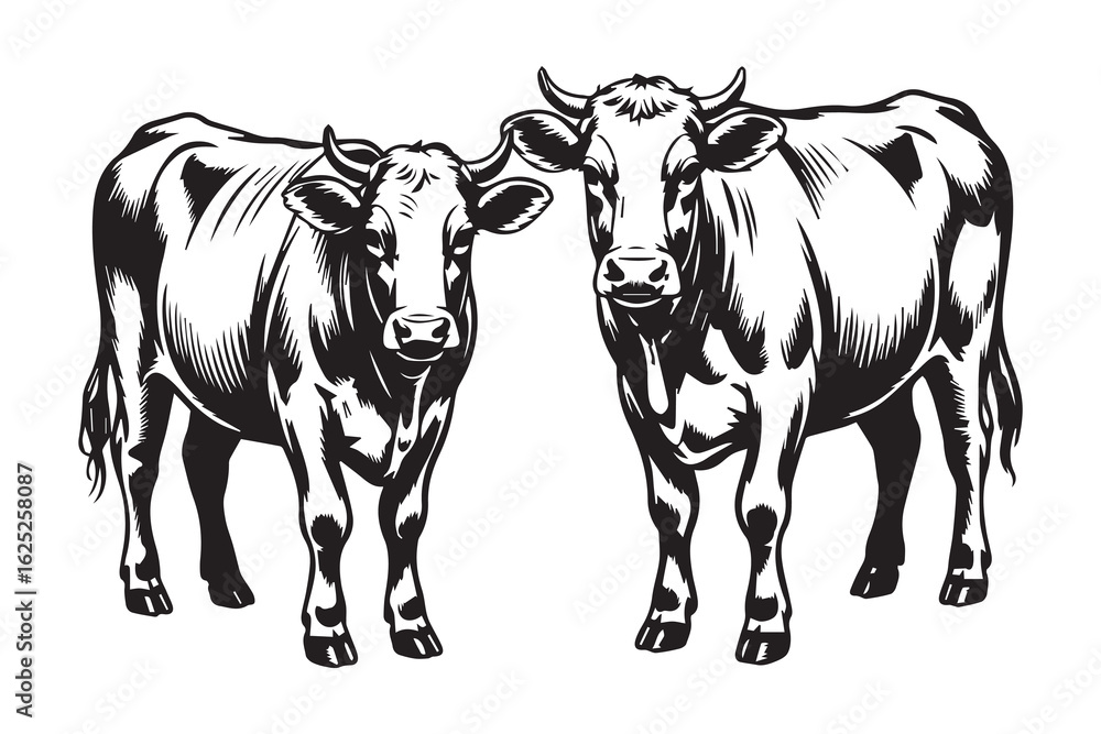 Fototapeta premium Two cows standing side by side black and white illustration