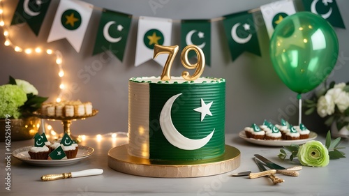 "Pakistani Flag Style Cake for 14 August – 79th Independence Day Celebration, Green and White Themed Birthday Dessert with Crescent and Star Decoration