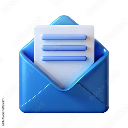 3d icon of blue envelope with a white paper isolated on transparent background
