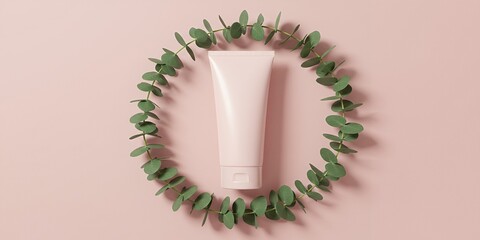 Natural beauty and skincare concept. Blank cosmetic cream tube framed by a green eucalyptus wreath on a pink background.