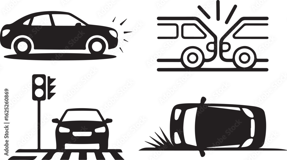 Obraz premium Car Accident and Traffic Icons – Black Silhouette Set