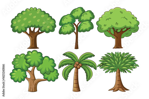 Diverse Tree Collection: An illustrated collection of six distinct trees, each showcasing a unique form and lush green foliage, represents the rich diversity of nature's arboreal world.