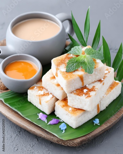 Delicious traditional dessert served on a banana leaf, complemented by a cup of tea and a side of sweet sauce. Perfect for showcasing culinary delights and cultural experiences.