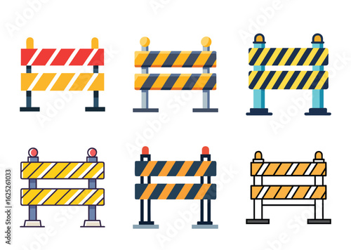 Different styles of vector traffic barriers and road construction barricades