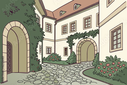 Discover hidden courtyards in Czech cities, modern flat illustration style