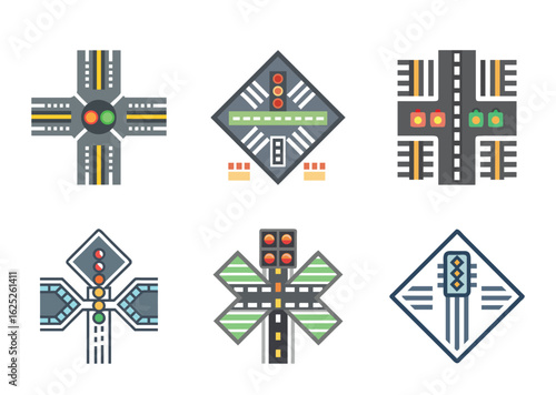 Road Traffic Intersection and Traffic Signal Icons Emphasizing City Planning Elements