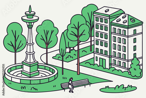 Discover modern sculptures in urban parks of Luxembourg, modern flat illustration style