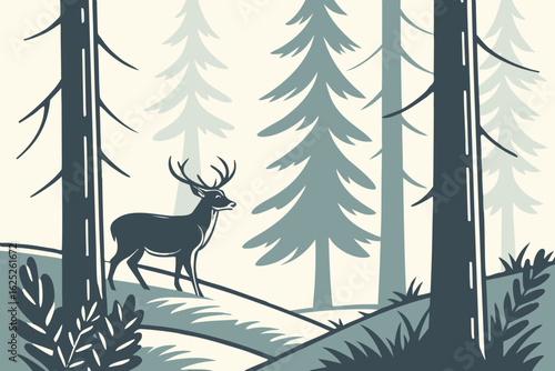 Deer peeking from behind trees in a Swedish forest, modern flat illustration style