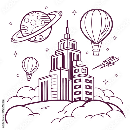 Futuristic cityscape with flying vehicles and planets outlined doodle illustration for coloring book