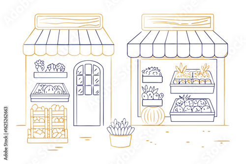 Market Stalls with Fresh Products: Capturing the charm of a small local market, two inviting stalls display an array of fresh produce and goods, highlighted by delicate lines and inviting colors.