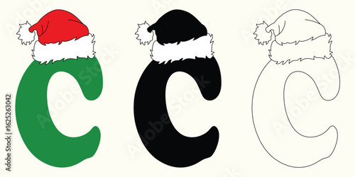 Christmas Letter C in Three Styles coloring, silhouette, and outline vector with Santa Hat – Festive Alphabet Vector Set.