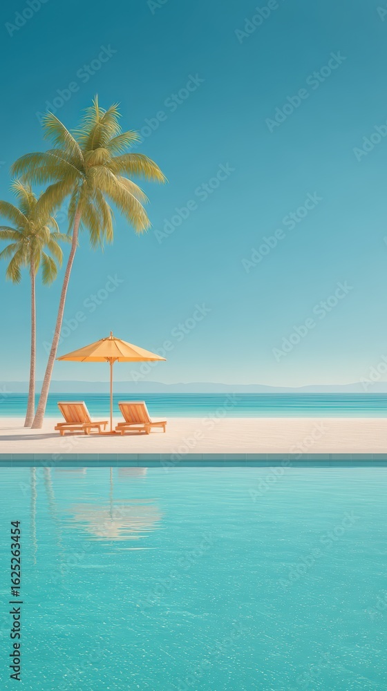 Fototapeta premium Tranquil Tropical Escape with Sun Loungers and Calm Ocean View