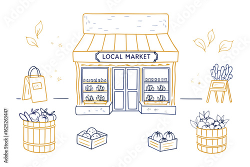 Local Market: The image depicts a charming illustration of a local market, bustling with fresh produce. Baskets overflow with a colorful array of tomatoes, oranges, and other fruits and vegetables