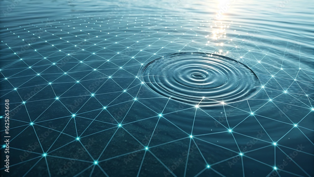 Fototapeta premium Abstract digital network overlay on rippling water surface with sunlight reflection creating a sense of connection and flow