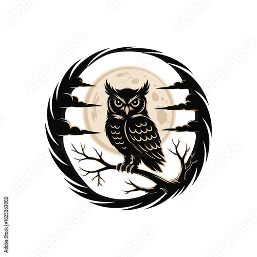 Mysterious owl perched on a branch under a full moon and clouds