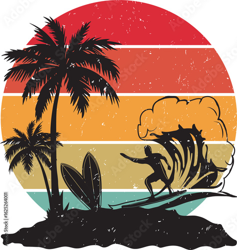 Canvas Print Surfer riding wave near palm trees isolated on a transparent background surfing