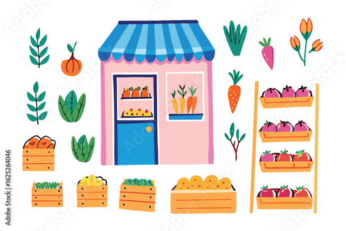 Fresh Produce Market Illustration: This charming illustration depicts a vibrant local market stall bursting with colorful fruits and vegetables.
