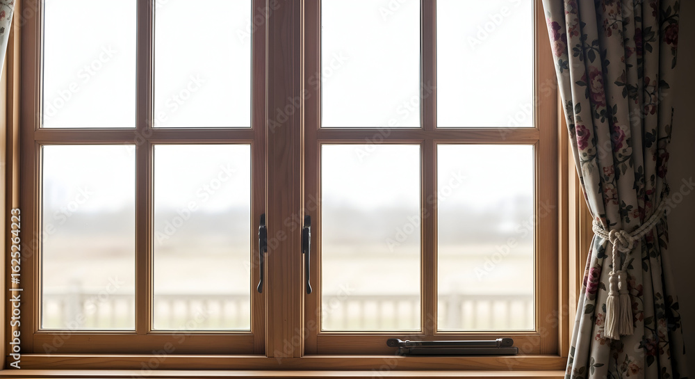 Fototapeta premium Rustic Wooden Window with Floral Curtains Countryside View