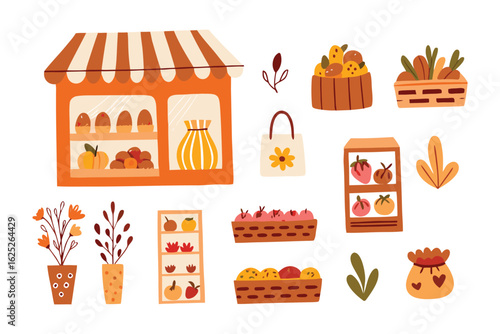 Fresh Produce Market: A charming illustration showcases an array of fresh fruits, vegetables, and other items for sale, evoking the warmth and bounty of a local market.