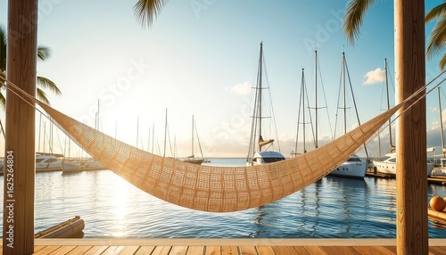 Seaside Relaxation Hammock between wooden posts offers a tranquil escape, overlooking calm waters and boats in a serene, sun-drenched harbor setting