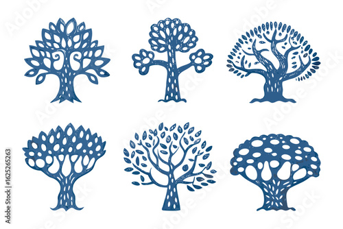 A Collection of Trees in blue: A curated assortment of various tree illustrations is showcased against an open canvas, representing diversity and growth in a natural yet unique way. 