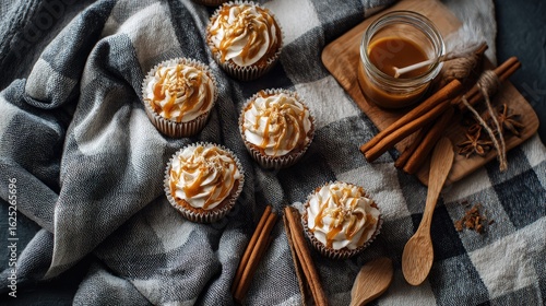Rustic flat lay with caramel cupcakes drizzled sauce cinnamon sticks and a checkered napkin cozy autumn vibes