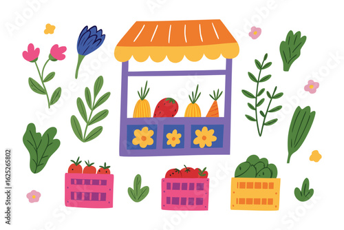Vibrant market with fresh organic fruit and vegetables: A colorful and inviting illustration of a market stall, brimming with fresh, organic fruits and vegetables.