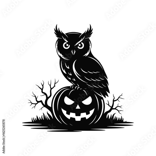 Wallpaper Mural Spooky halloween owl perched on a carved pumpkin with bare trees Torontodigital.ca