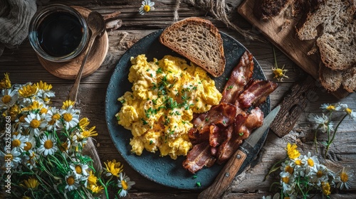 A rustic flat lay of a farmhouse breakfast scrambled eggs crispy bacon sourdough toast and wildflowers