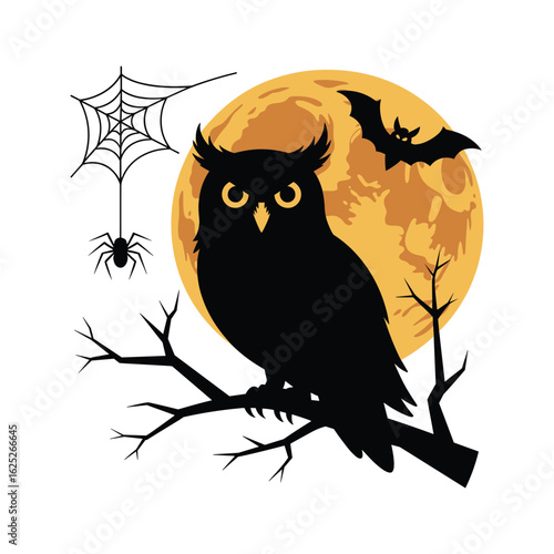 Spooky halloween scene with owl spider web and full moon