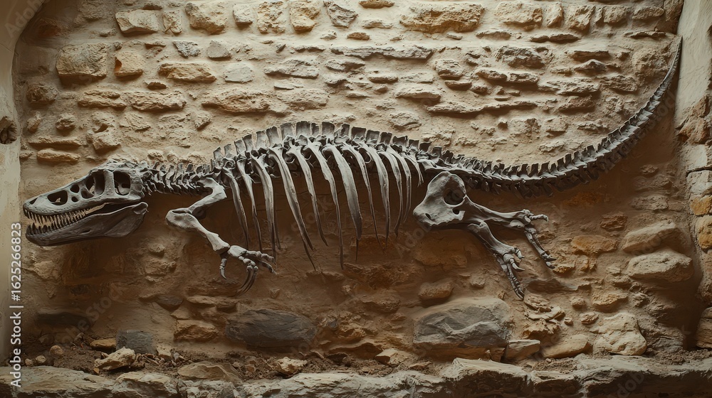 Fototapeta premium Complete Fossilized Skeleton of a Plesiosaur in Exhibitory Setup
