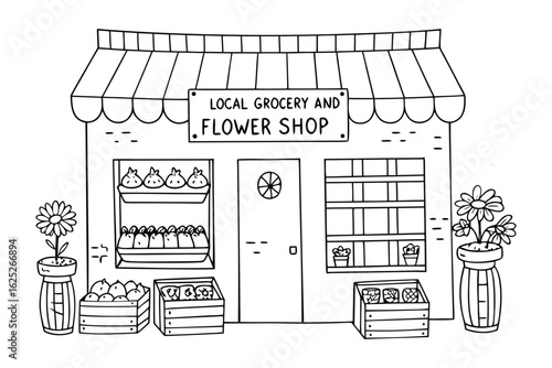 Local Grocery and Flower Shop: A charming illustration of a local grocery and flower shop with fresh produce and floral displays.