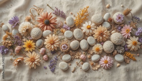 Dried flowers and smooth stones in a still life on beige fabric
