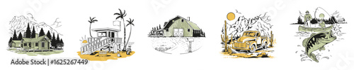 Diverse nature scenes, including cabin, lifeguard station, barn, truck and fishing illustration