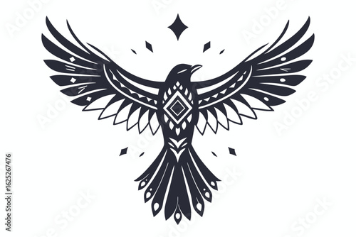 Detailed tribal raven soars with patterned wings against a minimalist, bright background