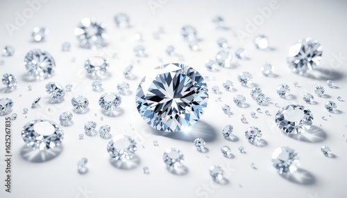 Scattered collection of brilliant cut gemstones on a clean white surface, displaying facets and sparkle with crisp details and soft shadows