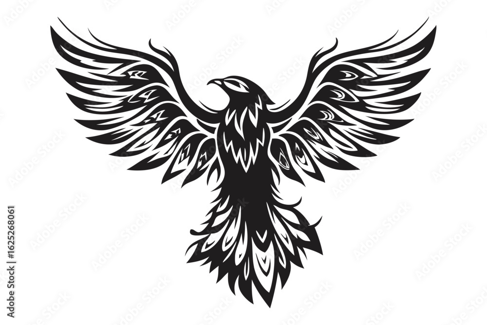 Fototapeta premium Black tribal phoenix with spread wings is depicted in a styled silhouette