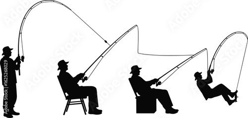 Fishermen silhouettes, fishing rod action, outdoor hobby, casting technique, recreational sport, nature scene, dynamic movement, stock image, illustration, gear