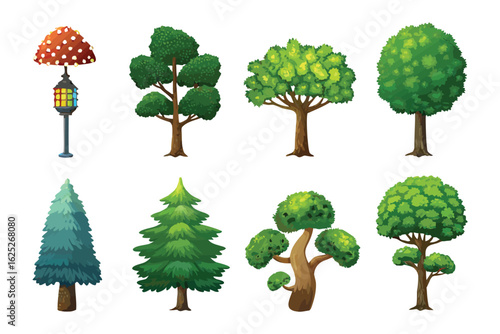 Diverse Tree Collection Illustration: An illustrative array of varied tree forms, from vibrant leafy canopies to unique trunk structures, depicting the diversity and charm of arboreal life.