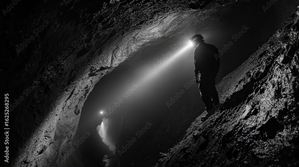 Fototapeta premium Lone Figure Clad in Headlamp Navigates Dark Labyrinthine Pathway