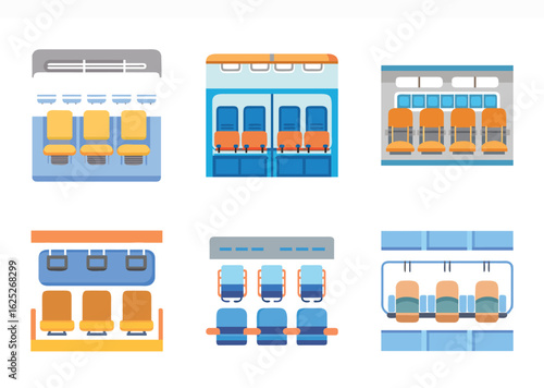 Different train seating arrangements with varying colors and design aesthetics