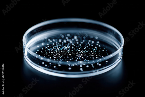 Petri dish with cell culture showing bacterial colonies on black background, scientific laboratory concept with glowing effect