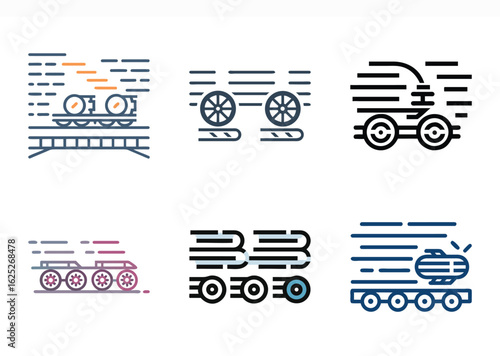 Stylized Cartoon Train, Wagon and Vehicle Line Art Icons with Motion Lines