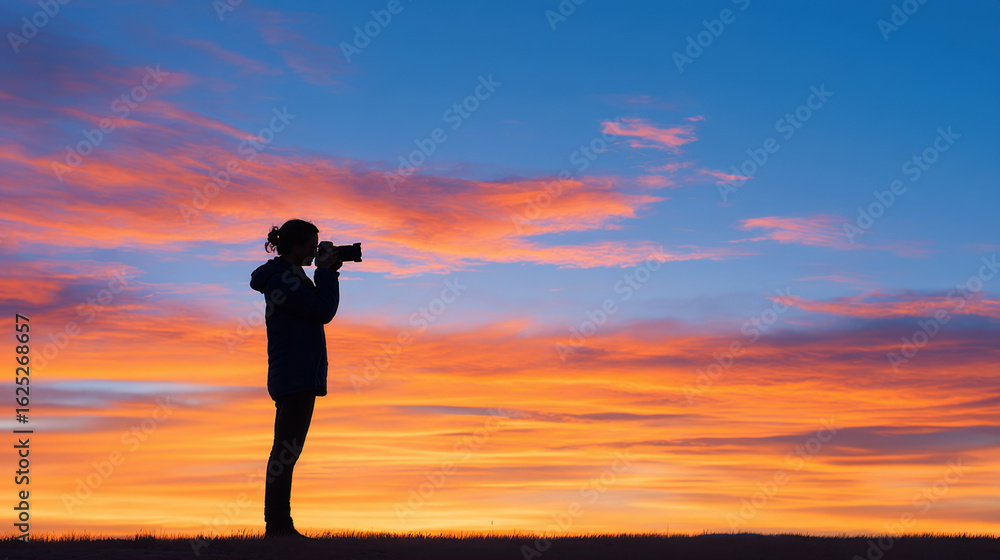 Fototapeta premium Silhouette photographer camera sunset sky clouds outdoor person nature landscape
