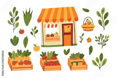 Fresh Produce Market: A delightful array of vibrant, freshly picked produce is artfully displayed at a charming roadside market stand, offering a tempting selection of nature's bounty. 